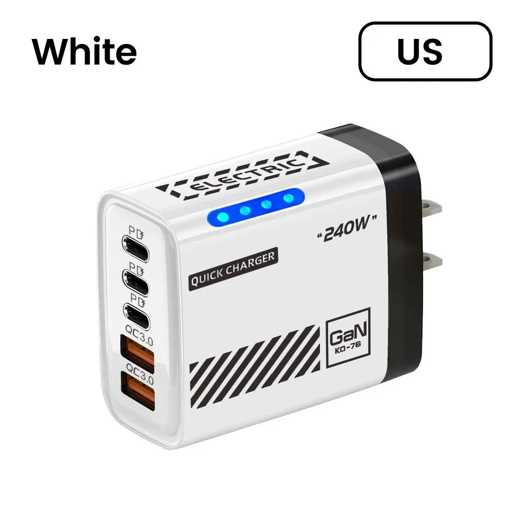 240W GaN 5 in 1 Desktop Charger USB C PD QC 3.0 Fast Charging Charger For MacBook iPhone 17 16 15 Pro Samsung Xiaomi EU US Plug