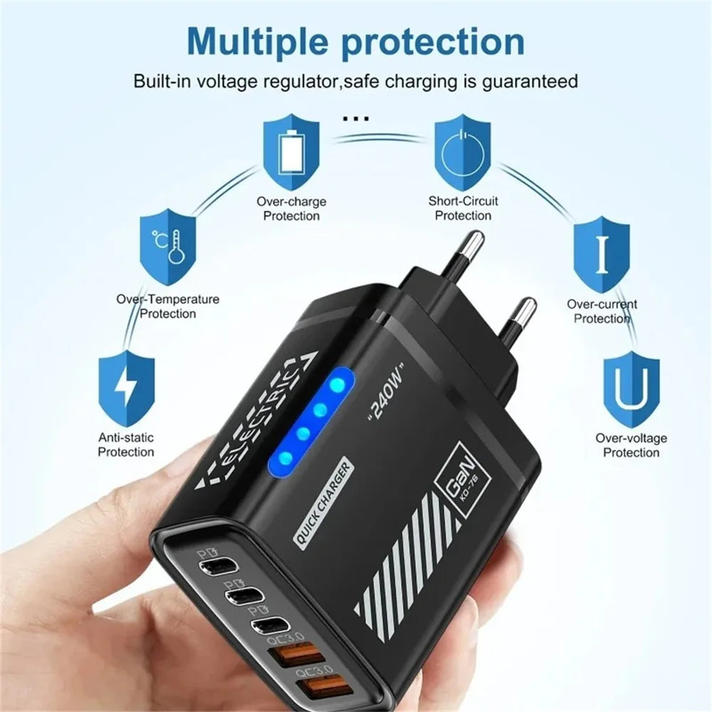 240W GaN 5 in 1 Desktop Charger USB C PD QC 3.0 Fast Charging Charger For MacBook iPhone 17 16 15 Pro Samsung Xiaomi EU US Plug
